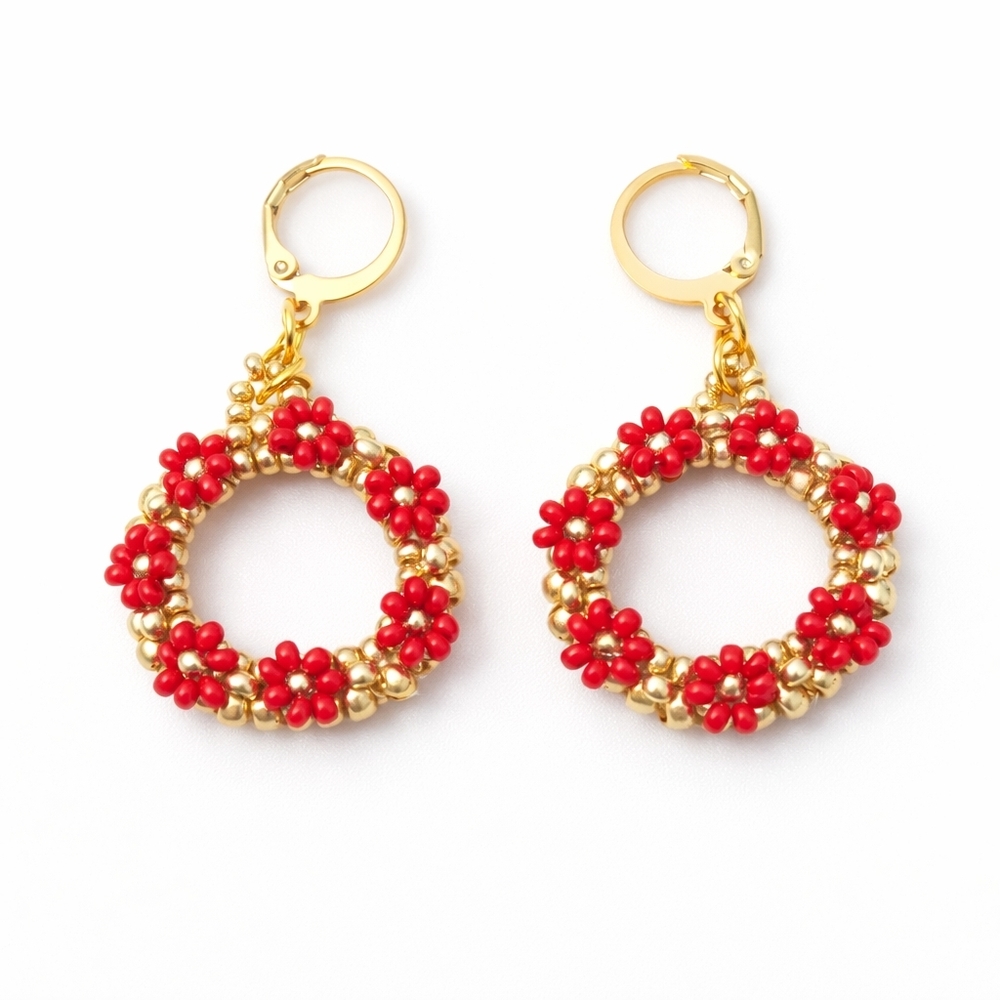 Gold and Red Floral Beaded Hoop Earrings - Women's Jewelry
